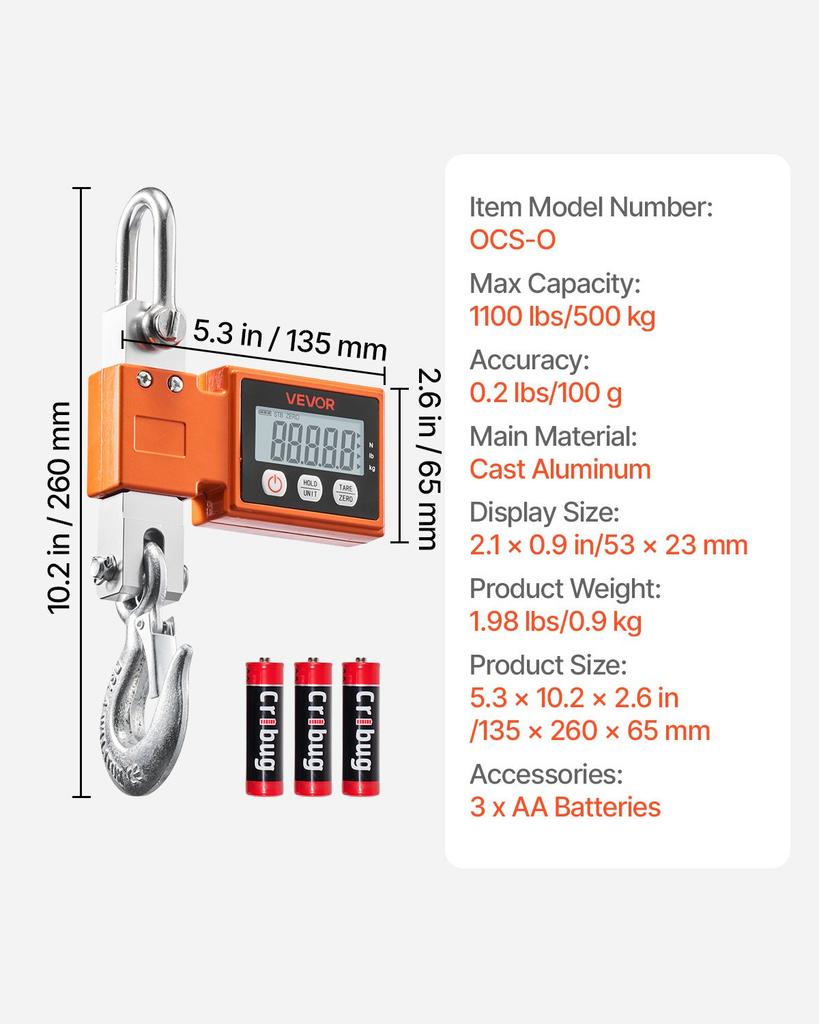 VEVOR Digital Crane Scale, 1100 lbs/500 kg Max Capacity, Heavy Duty Industrial Hanging Scale with Cast Aluminum Case & LCD Display