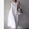 Summer Solid Color Women's Cotton and Linen Sleeveless Large Size Loose Korean Vest Skirt Round Neck Mid-length Dress