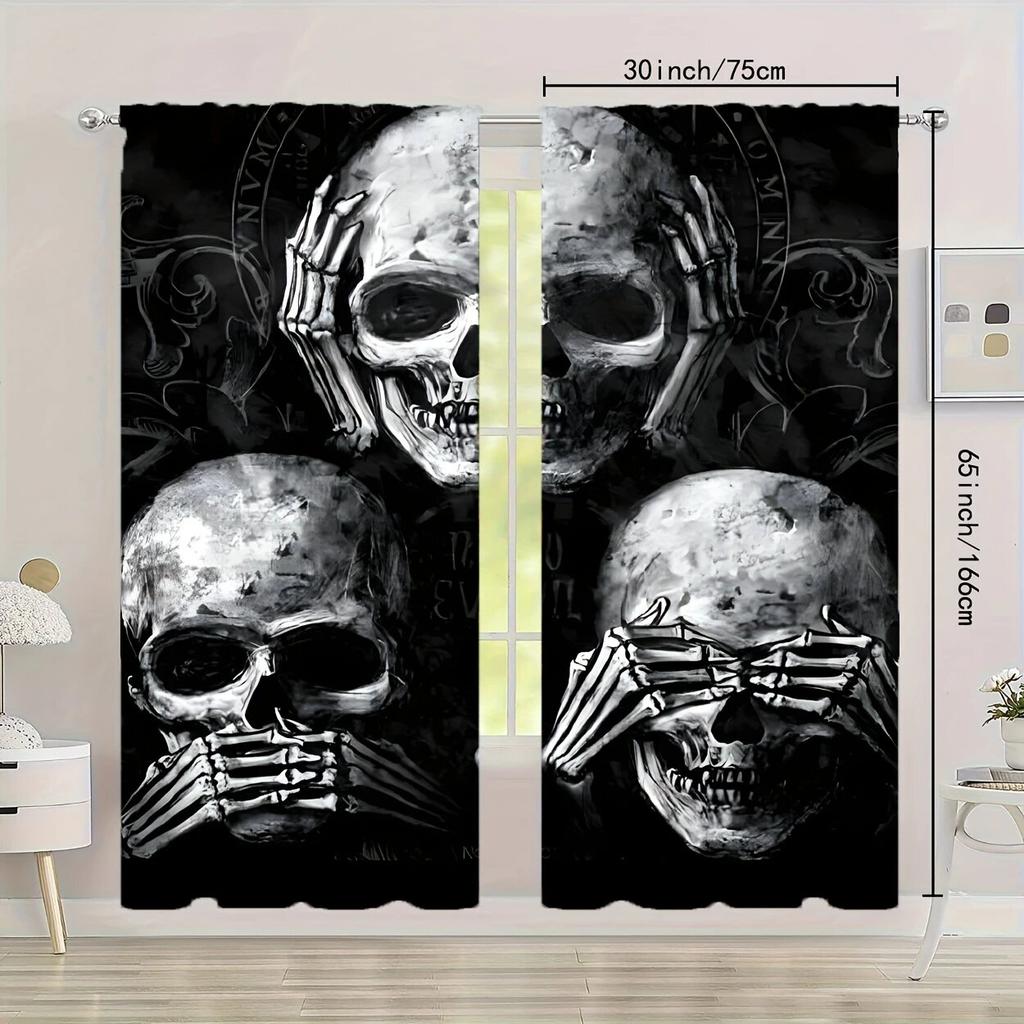 Черные светонепроницаемые шторы с принтом черепов, 2 шт. - дизайн с карманной петлей, подходят для спальни, гостиной, офиса и домашнего декора