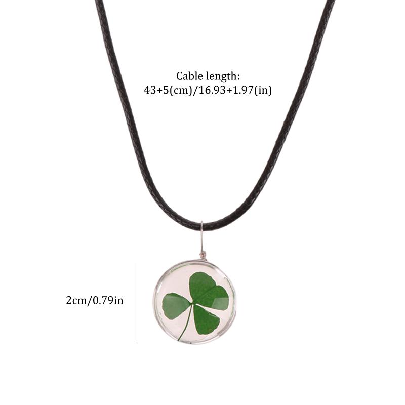 Handmade Natural Dried Flower Lucky Four Leaf Clover Round Glass Pendant Necklace For Women Jewelry