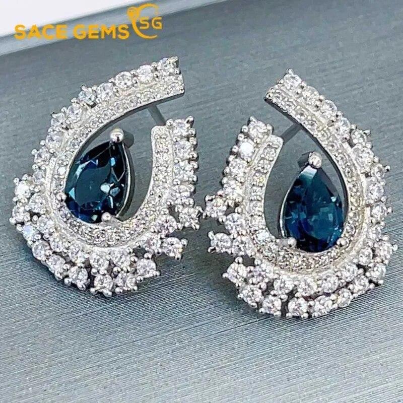 Женские серьги SACEGEMS, стерлинговое серебро 925 пробы, 5*7 мм, серьги-гвоздики с натуральным лондонским синим топазом, ювелирные изделия для свадебной вечеринки