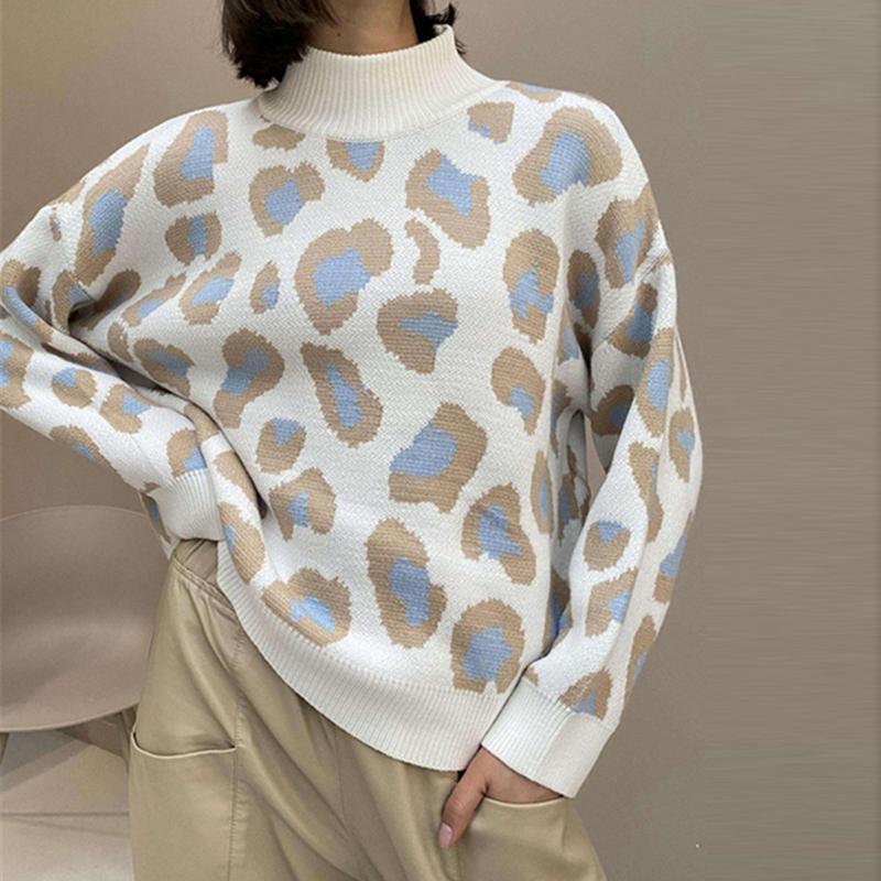 Зимние женские повседневные свитера с леопардовым принтом, базовые белые джемперы с воротником-стойкой, винтажные теплые вязаные пуловеры для женщин