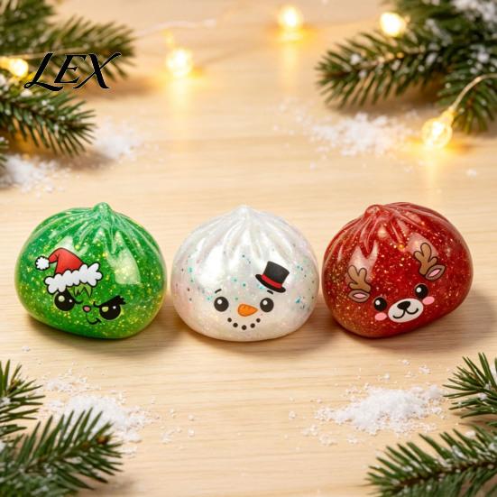 Dumpling Shape Toys Christmas Squeeze Toy with Steamer, Stress Relief Steamed Bun Theme Ball Toy, Cartoon Snowman Reindeer Elf Adult Anxiety