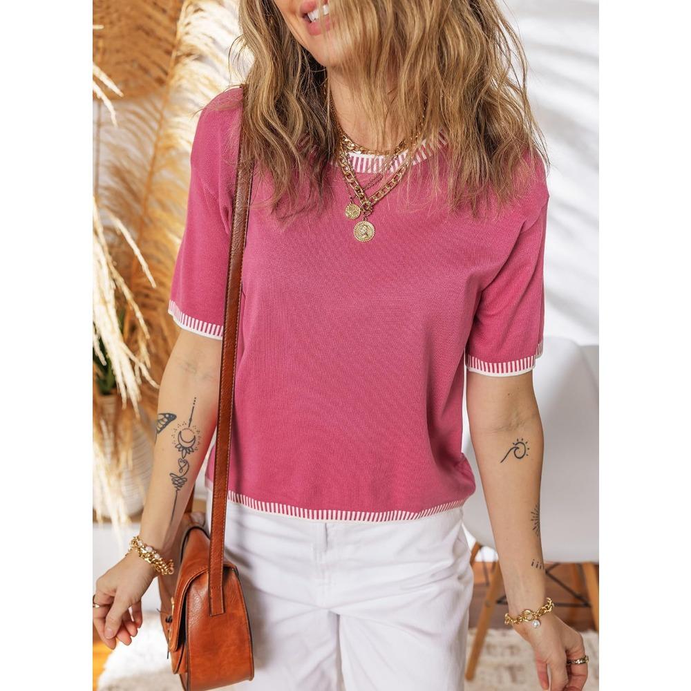 Летний новый женский свитер с круглым вырезом и короткими рукавами, полосатый вязаный свитер