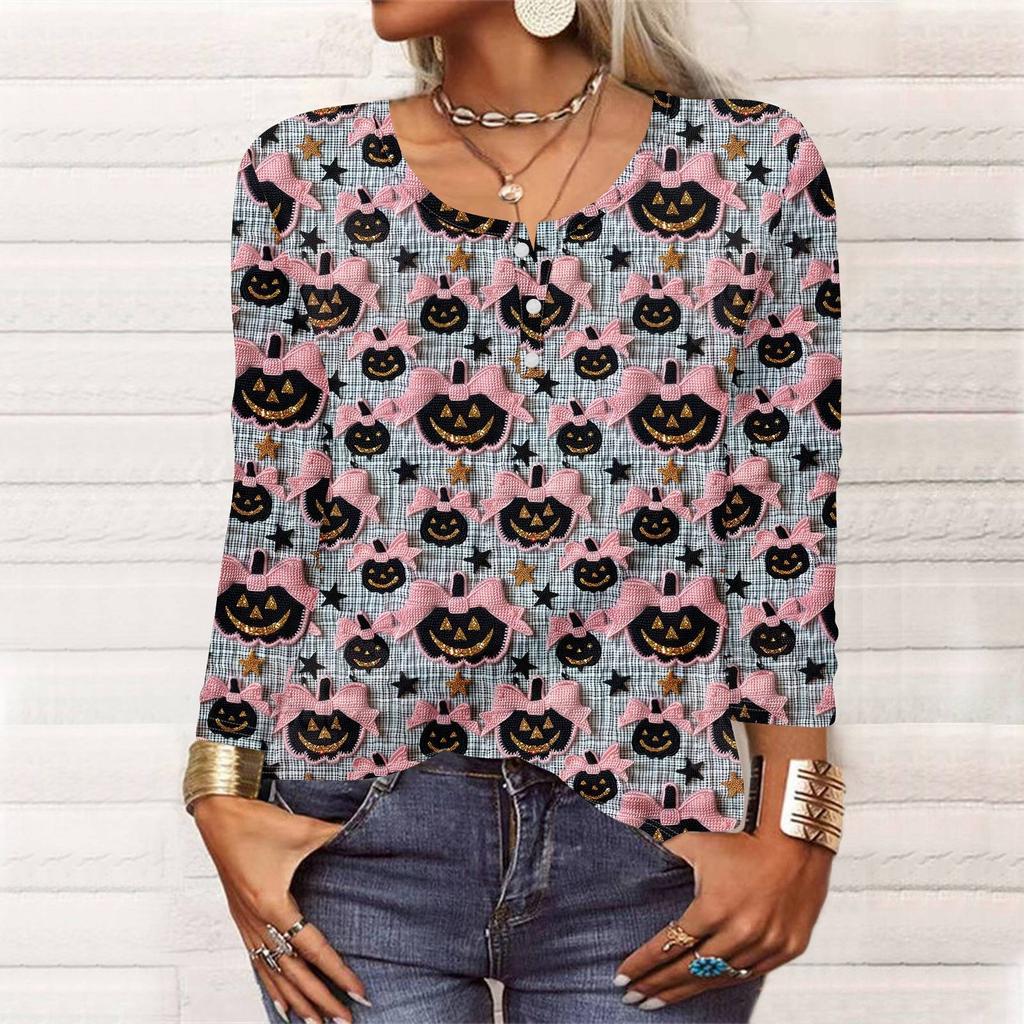 Long Sleeve Shirts For Women Halloween Pattern Print Graphic Tees Blouses Casual Plus Size Basic Tops Pullover