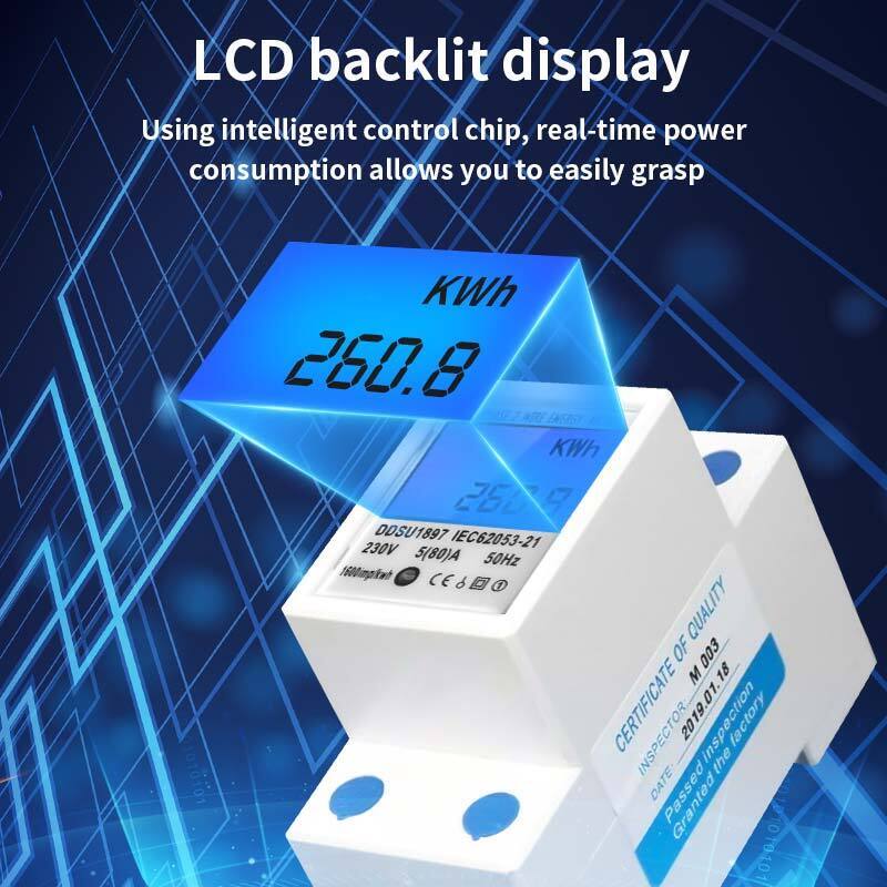 35mm LCD Display Din Rail Energy Meter AC 230V 5(80) A 50HZ/60HZ Power Meter Rail-Type Energy Meter