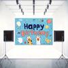 2D Flat Cute Cat Birthday Banner Blue Background with Cat Paws & Party Elements Backdrop