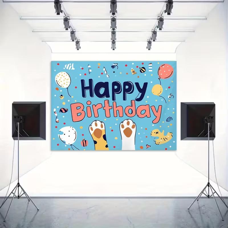 2D Flat Cute Cat Birthday Banner Blue Background with Cat Paws & Party Elements Backdrop