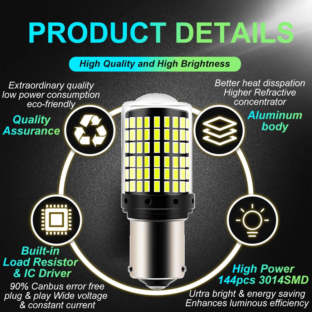 2pcs 1156 BAU15S PY21W 1156 BA15S P21W 1157 BAY15D P21 5W 7443 W21 5W T20 Car LED Bulbs Light 144smd Reverse Turn Signal Light Bulbs 7