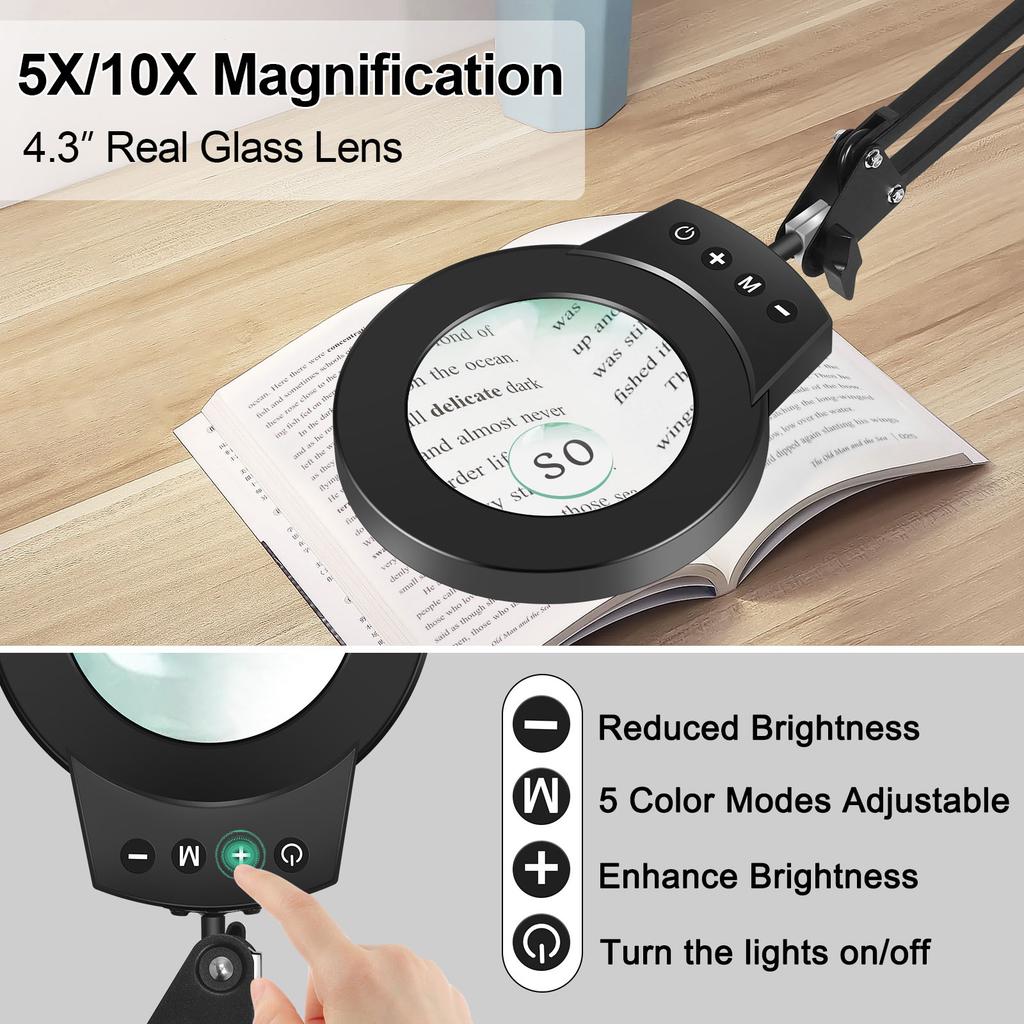 Long Swing Arms 5X/10X Magnifying Glass Lamp with 5 Color Adjust LED Lights Reading Table Lamp for Welding Repair Close Work