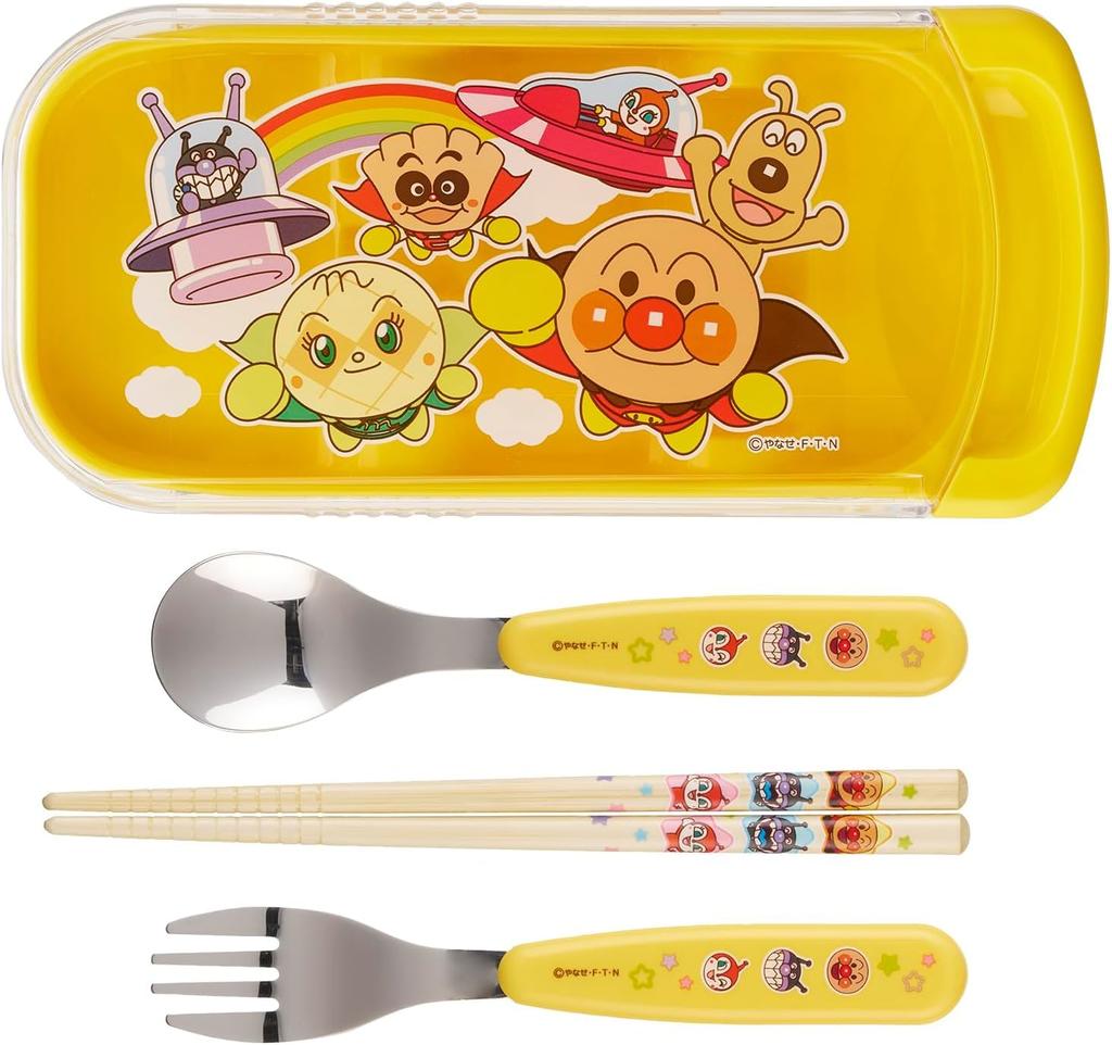 Anpanman Trio Set Chopsticks Spoon Fork Lunch Box Chopsticks Case Chopsticks Slide Type Antibacterial Yellow Set Freezer (Trio Set, Bag)