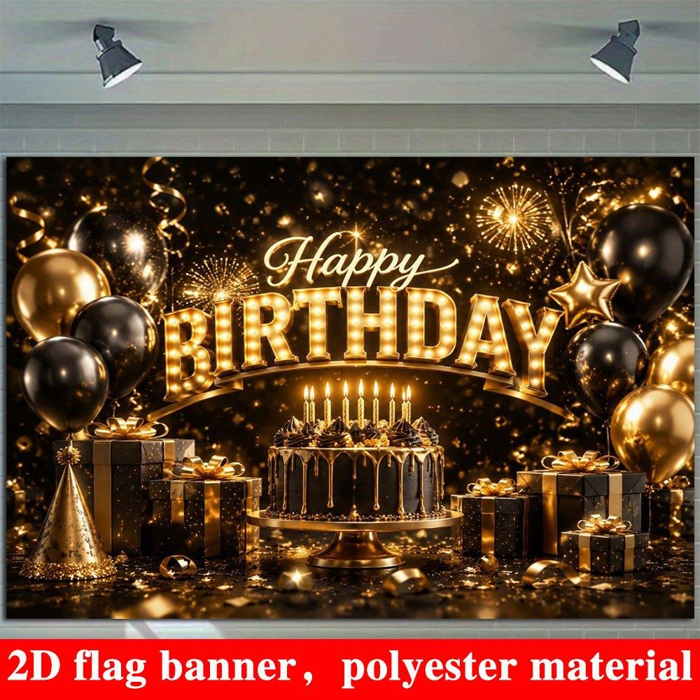2D Flat Banner, Black and Golden Birthday Backdrop, Lit Letters, Cake, Gift Box, Balloons, Party Decoration