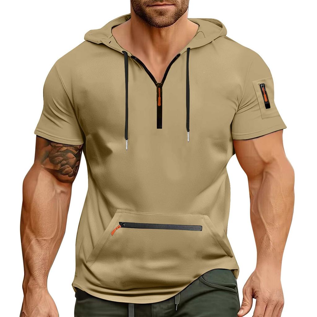 Men's Summer Shirt Zipper Pocket Short Sleeve Hooded Sweatshirt Men's Sports Large Size Casual Sweatshirt