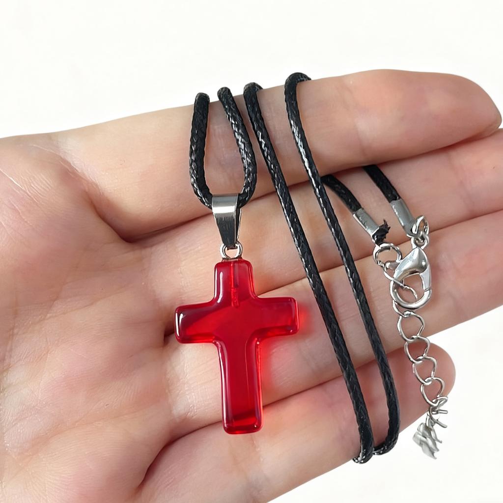 Y2K Red Glass Cross Pendant Rope Chain Necklace For Women Men  Aesthetic Jewelry Accessories