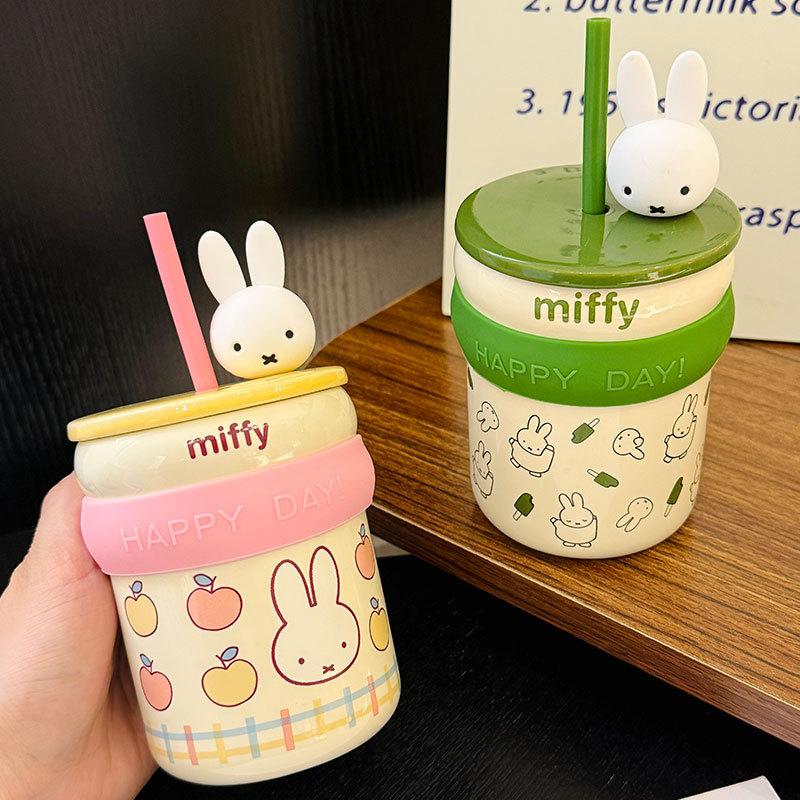 Cartoon Ip Miffy Rabbit Ceramic Straw Water Cup Cute Afternoon Tea Mug Girl Heart Personality Gift