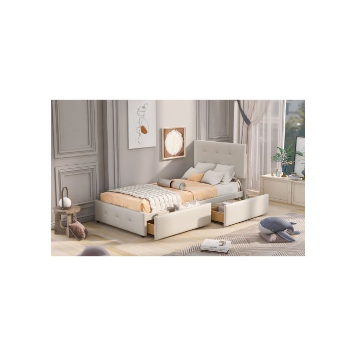 Lit - MUVOE - 90 x 200 cm - Rembourré - Tiroirs de rangement - Tissu velours doux