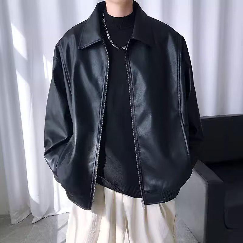 Мужская осенняя куртка из искусственной кожи с узкими лацканами для мотоцикла - модный красивый дизайн