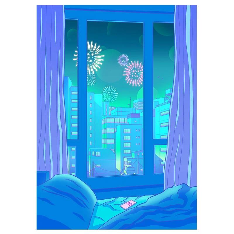 Постер в стиле 80-х Vaporwave Настенное искусство Городская ночь Улица Кошка Холст Живопись Принт Домашнее украшение Кавайная комната Декор Холст Картина