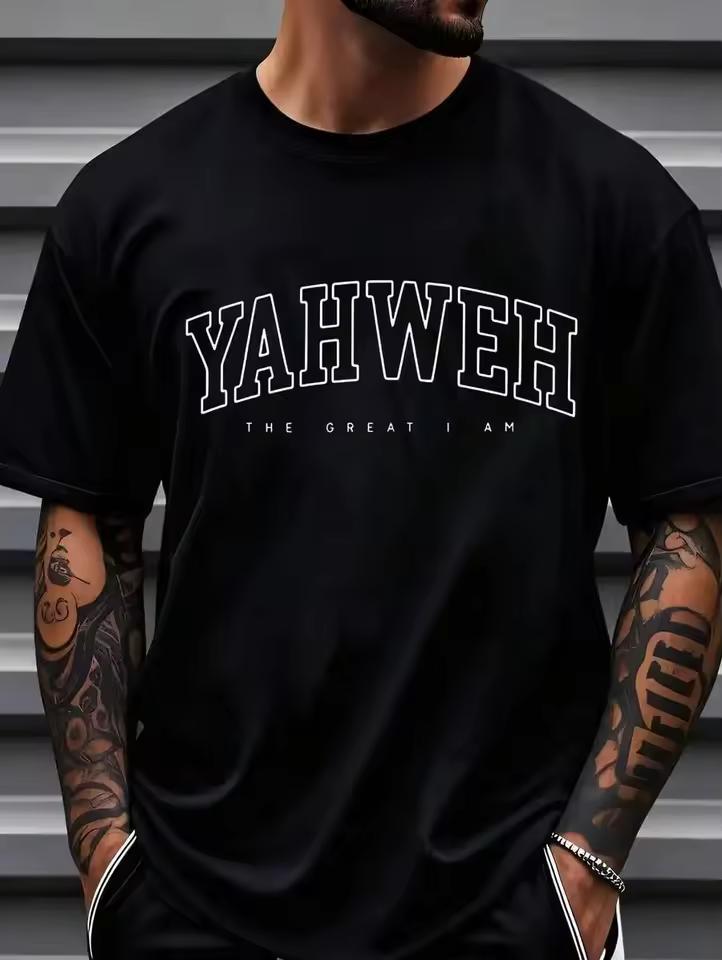1pc Mens Clothes YAHWEH Letter Graphic Print Black T shirt, Unisex Casual Crew Neck T shirt, Plus Size Men's Clothing 5XL, Lightwe