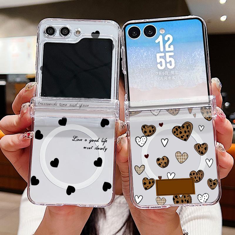 Чехол в конфетных цветах с сердечками для Samsung Galaxy Z Flip 8 7 FE 6 5 4 Flip7 Flip6 Flip8 Магнитный с петлей для Magsafe Жесткая складная крышка для телефона