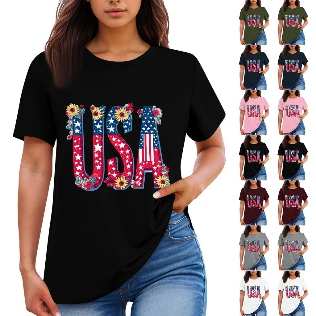 Women's Round Neck Casual Independence Day Printed Short Sleeve T-Shirt Top