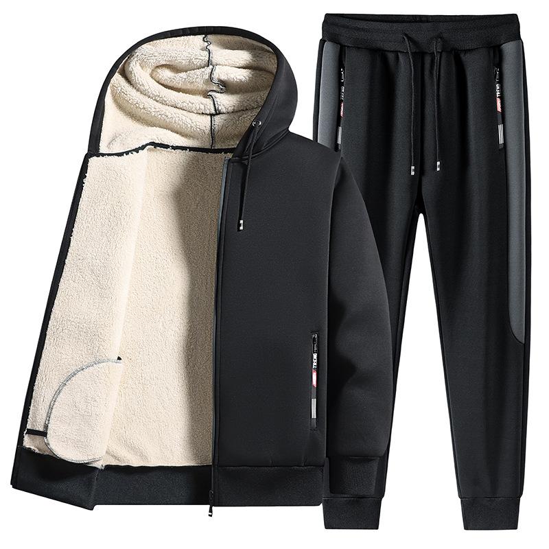 Мужской зимний комплект больших размеров для снега, кардиган с капюшоном и длинными рукавами с буквенным принтом + однотонные утепленные брюки из двух предметов