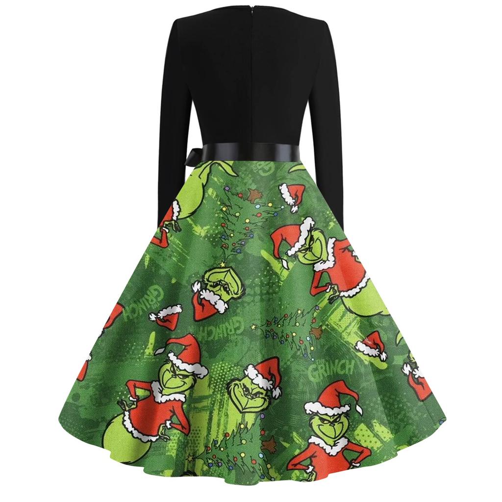 Women's Fashion V-neck Casual Slim-fit Christmas Print Long-sleeved Dress