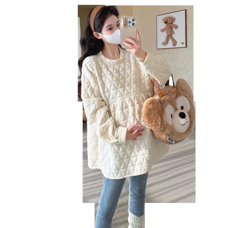 2026 Winter Maternity Slim Fit Quilted Hoodie - Korean Style Mid-Length Warm Maternity Shirt