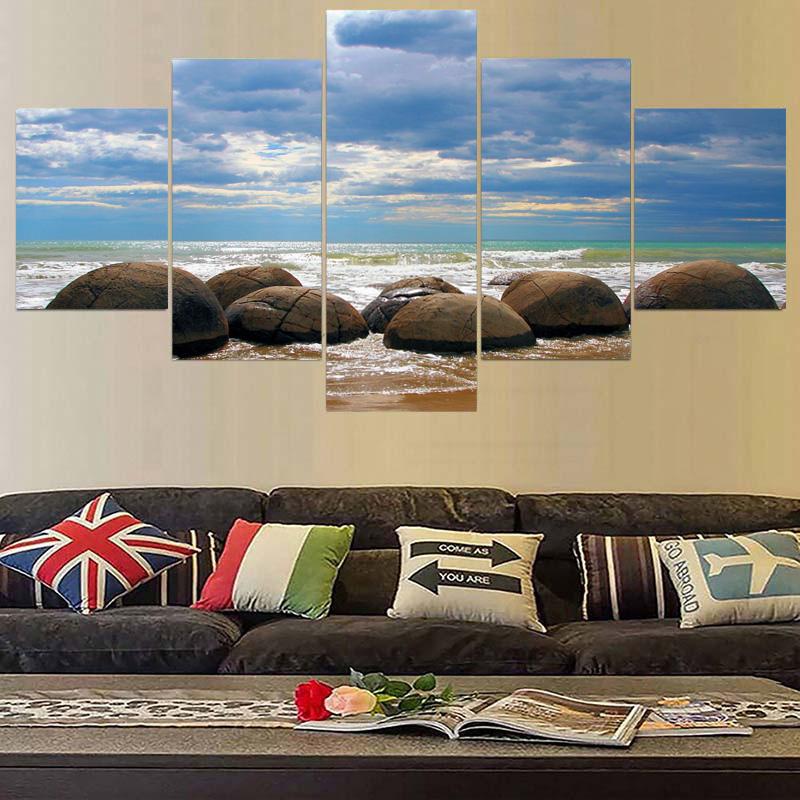5 панелей Морской пейзаж Морской большой круглый камень Красочное небо Холст Картина Плакаты и принты Настенная картина Домашний декор без рамки