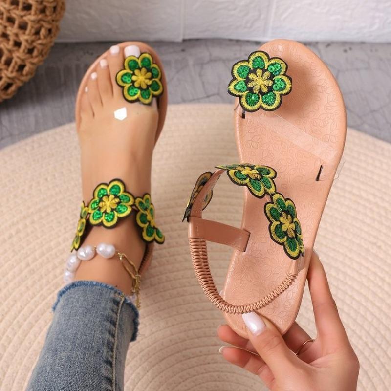 Женские сандалии на плоской подошве большого размера с цветочным принтом для отпуска и эластичным носком, а также пляжные сандалии