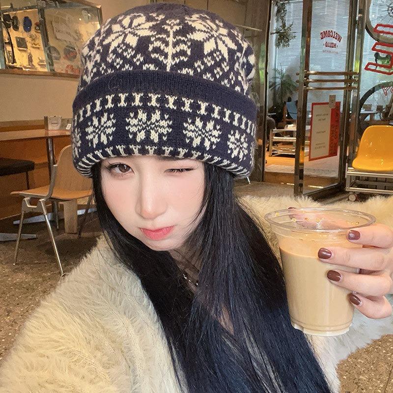 Women S Jacquard Knit Hat Winter Warm Ear Protection Large Size Cold Hat