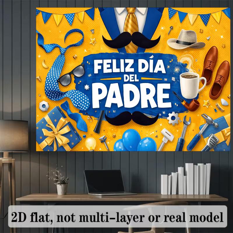 2D Feliz Dia del Padre Backdrop with Tools, Coffee & Mustache Party Decoration Banner