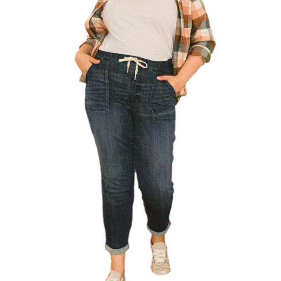 Women Autumn High Waist Denim Pants Zipper Fly Lace Up Pockets Slim Fit Elastic Jeans Straight Leg Pants Streetwear