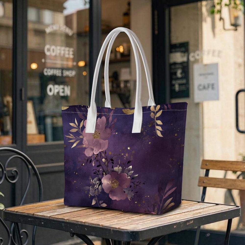 Elegant Purple Floral Tote Bag with White Shoulder Straps