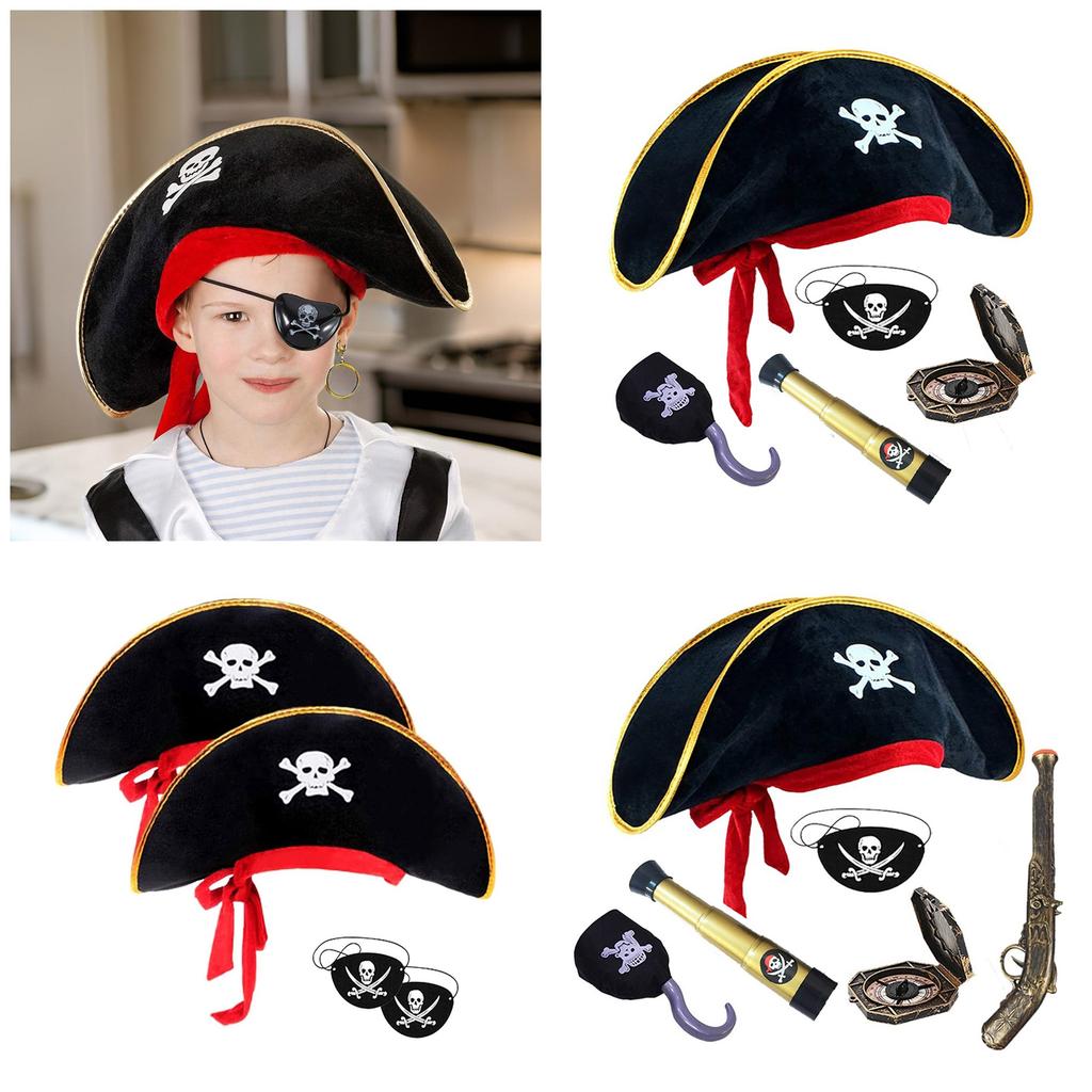 Pirate Compass Skull Print Hat Costume Kits for Treasure Hunt Stylish Role Play Accessories for Halloween Party