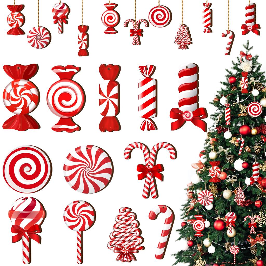 12/24pcs Flat wooden Christmas candy pendant set, red and white cane, lollipop pendant, New Year holiday window decoration