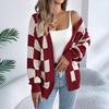 GMXIA Autumn and Winter Color-blocking Checkered Lantern Sleeve Cardigan Sweater Mid-length Coat Women's Wear