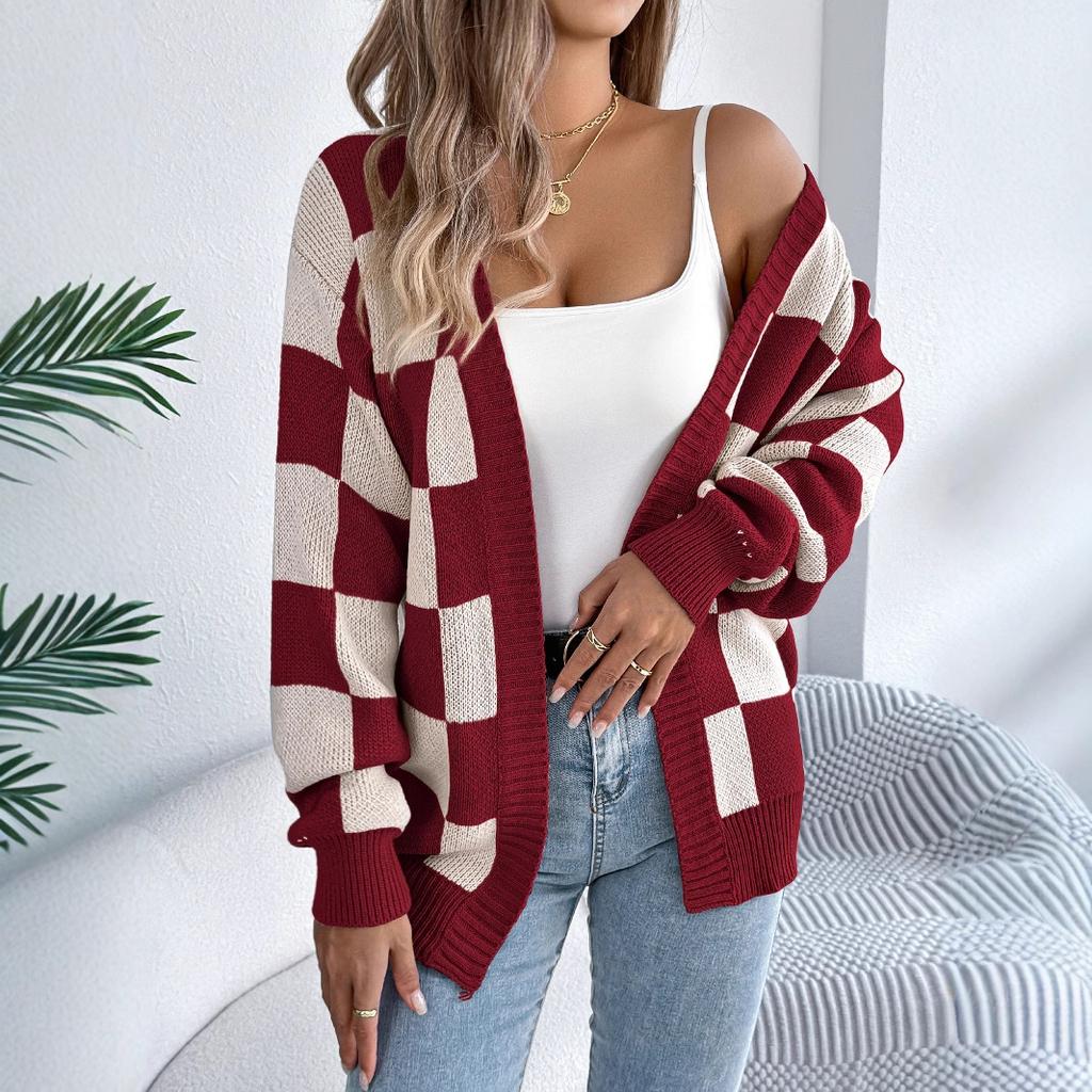 GMXIA Autumn and Winter Color-blocking Checkered Lantern Sleeve Cardigan Sweater Mid-length Coat Women's Wear