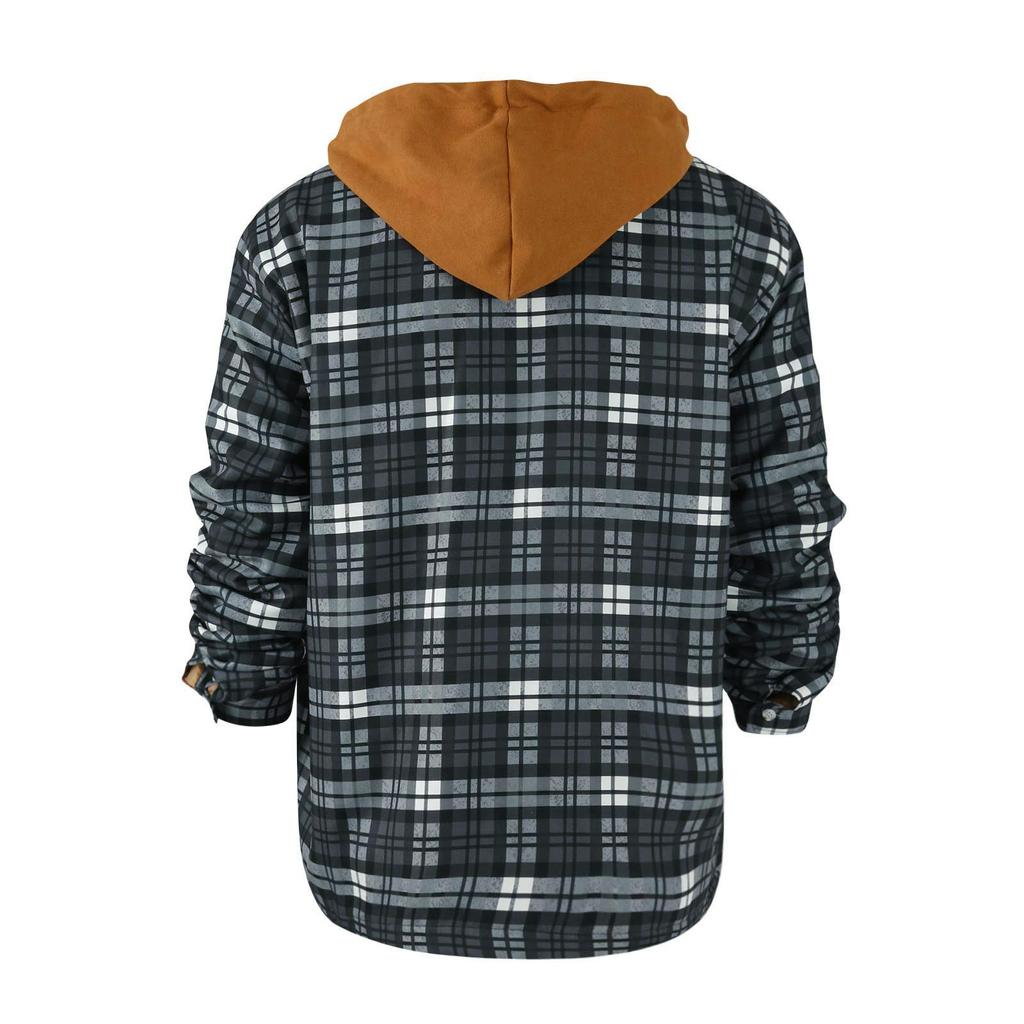 Men's Quilted Lined Button Down Plaid Shirt Add Velvet To Keep Warm Jacket With Hood