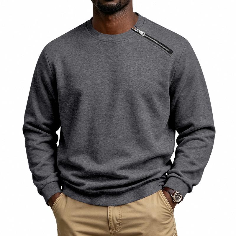 American Style Fleece Warm Loose Crew Neck Slant Zip Casual Sweatshirt