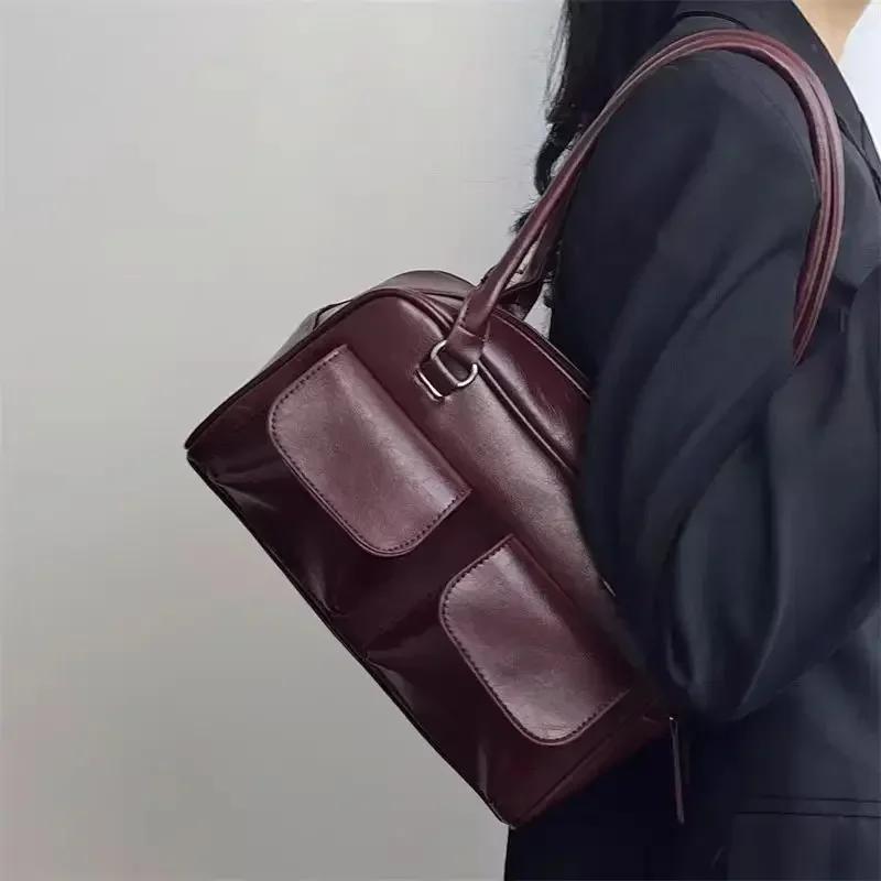 Vintage Women Business Shoulder Bags Simple Ladies Commute Tote Bag Pu Female Underarm Bag Burgundy Large Handbags Purse