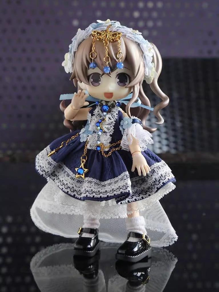 Obitsu 11 OB11 Size Costume Obitsu Doll 11cm Body Dress Princess Dress Lolita Cute 5 Piece Set (Navy)