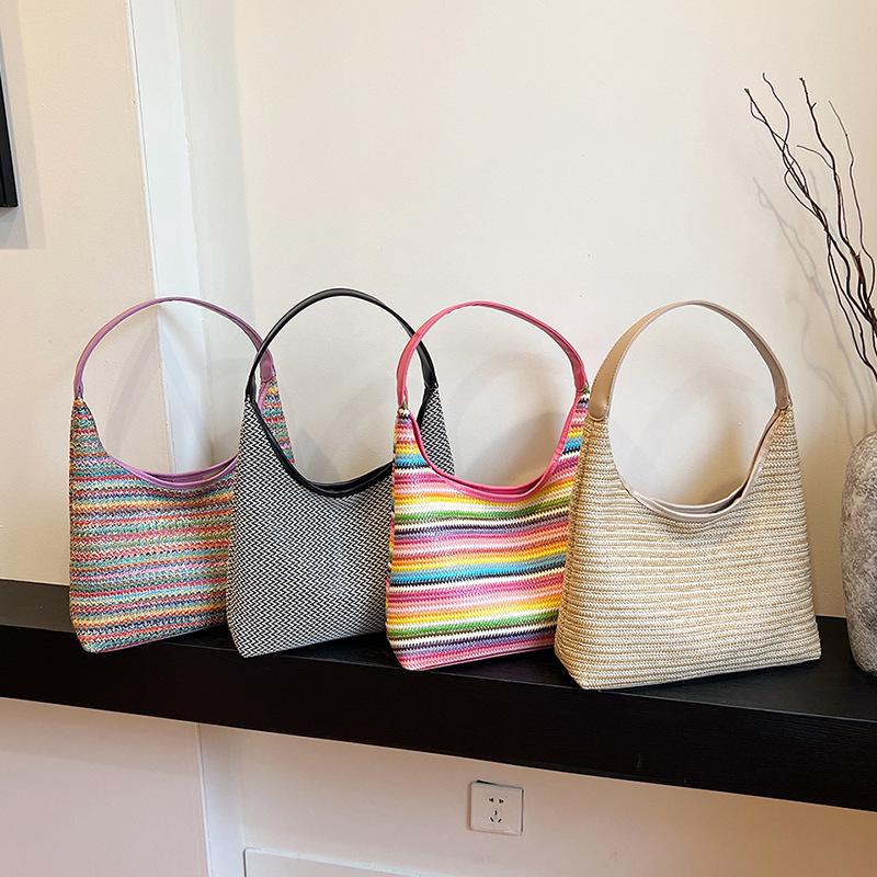 Сумка Dopamine в радужную полоску, летняя плетеная соломенная сумка, сумка через плечо, большая вместимость, пляжная сумка для подмышек