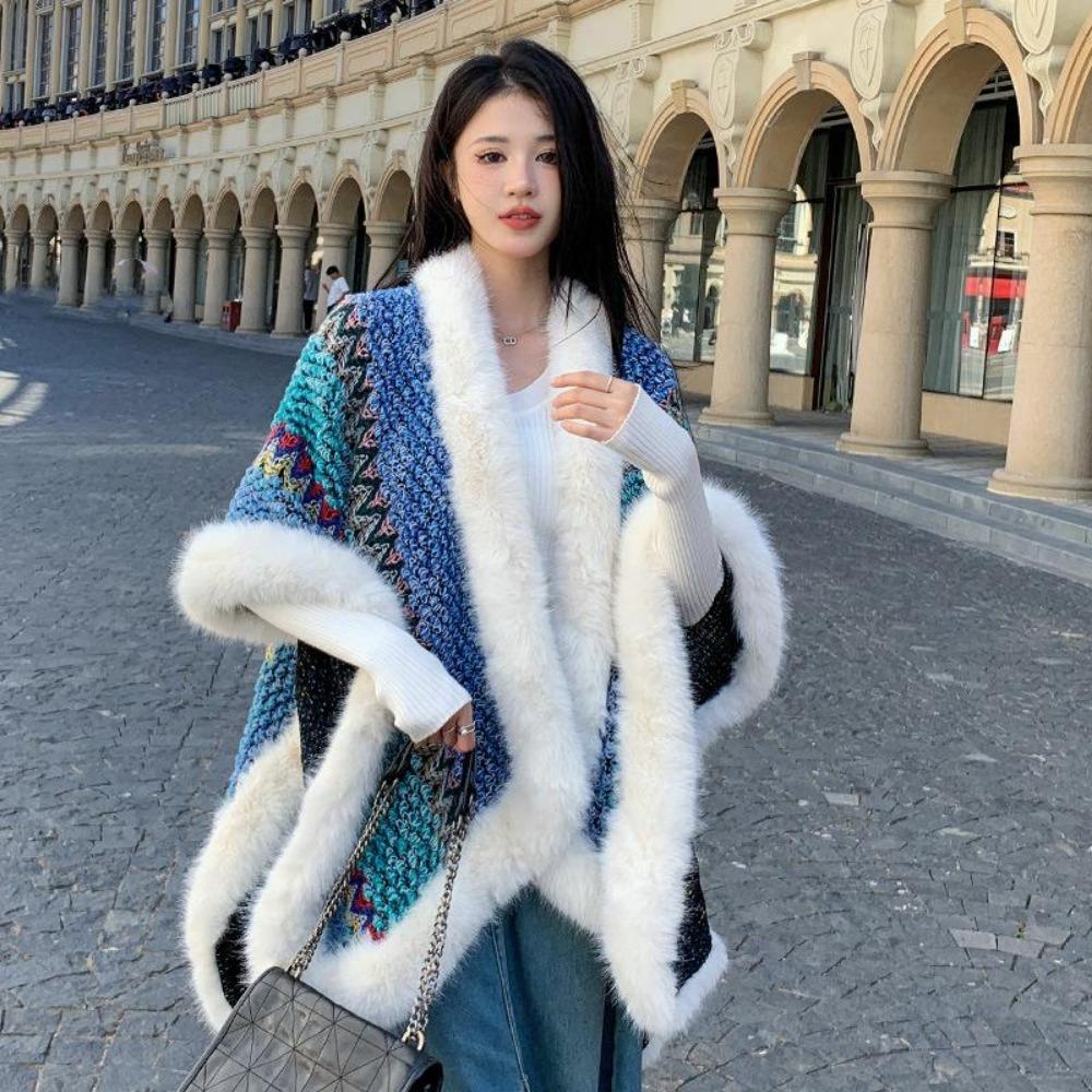 Этнический стиль большой меховой воротник шаль с женской дорожной одеждой осень и зима теплая вязаная куртка накидка шаль прилив
