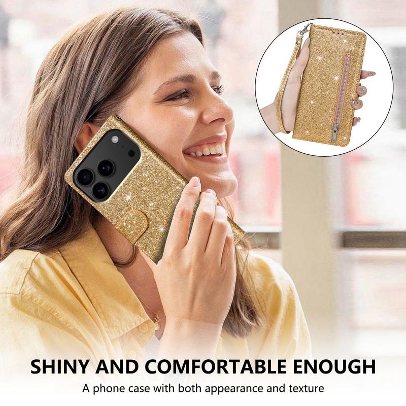 Кожаный кошелек-книжка со стразами и молнией для iPhone 17 Pro Max, роскошный чехол с отделениями для карт и держателем для телефона для iPhone 16 15 14 Pro Max 13 12 11