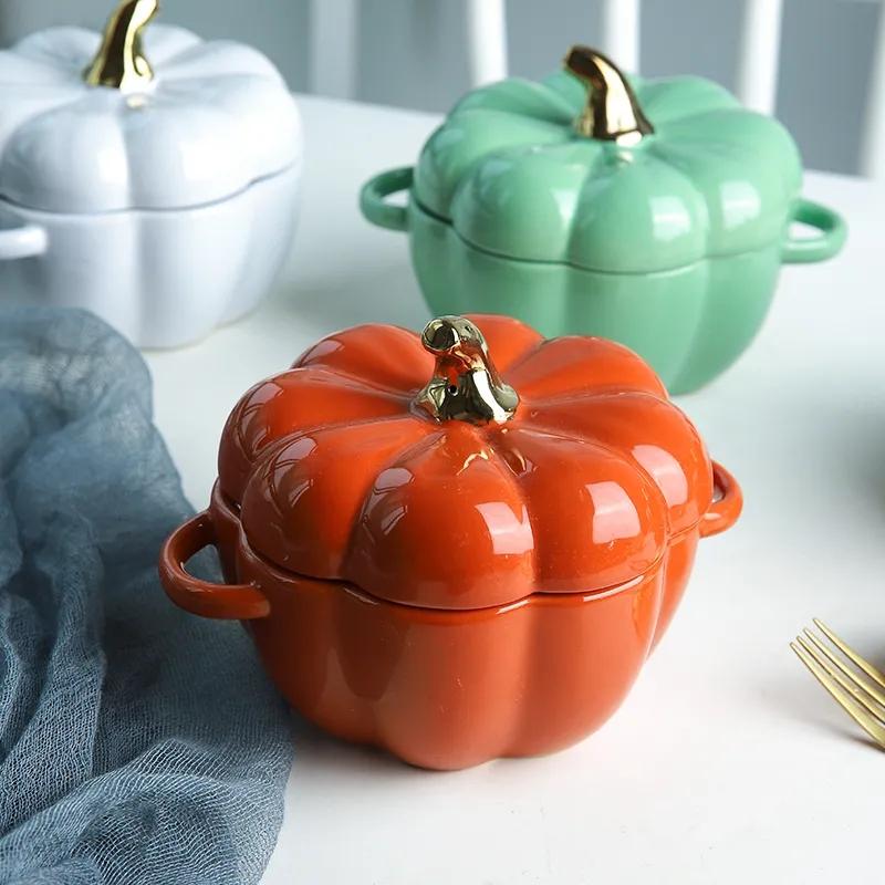 Pumpkin Bowl Soup Cup with Lid Baking Bowl Ceramic Rice Bowl Baking Tableware Dessert Bowl Soup Bowl Ceramic Tableware