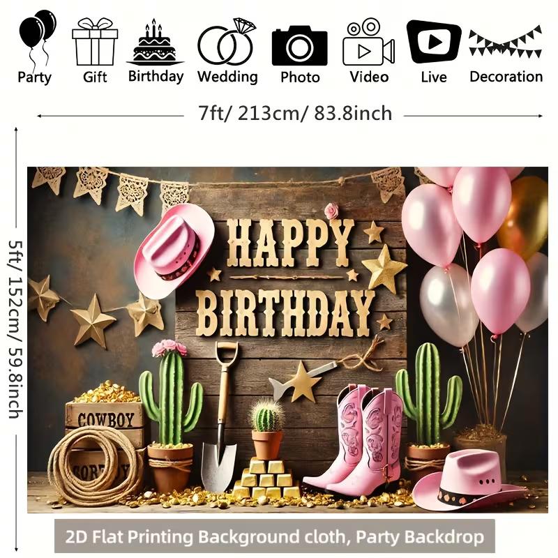 2D Cowgirl Happy Birthday Photography Backdrop, Rustic Wood & Cactus Themed Party Banner