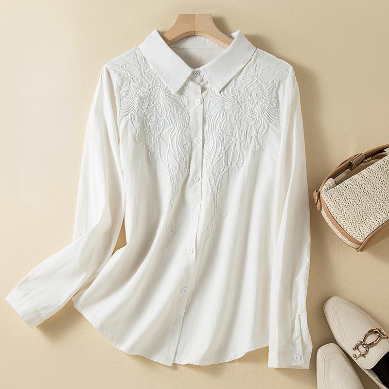 Хлопково-льняная блузка с вышивкой, однотонная весенне-осенняя рубашка на пуговицах, повседневный свободный топ с длинными рукавами с лацканами для женщин