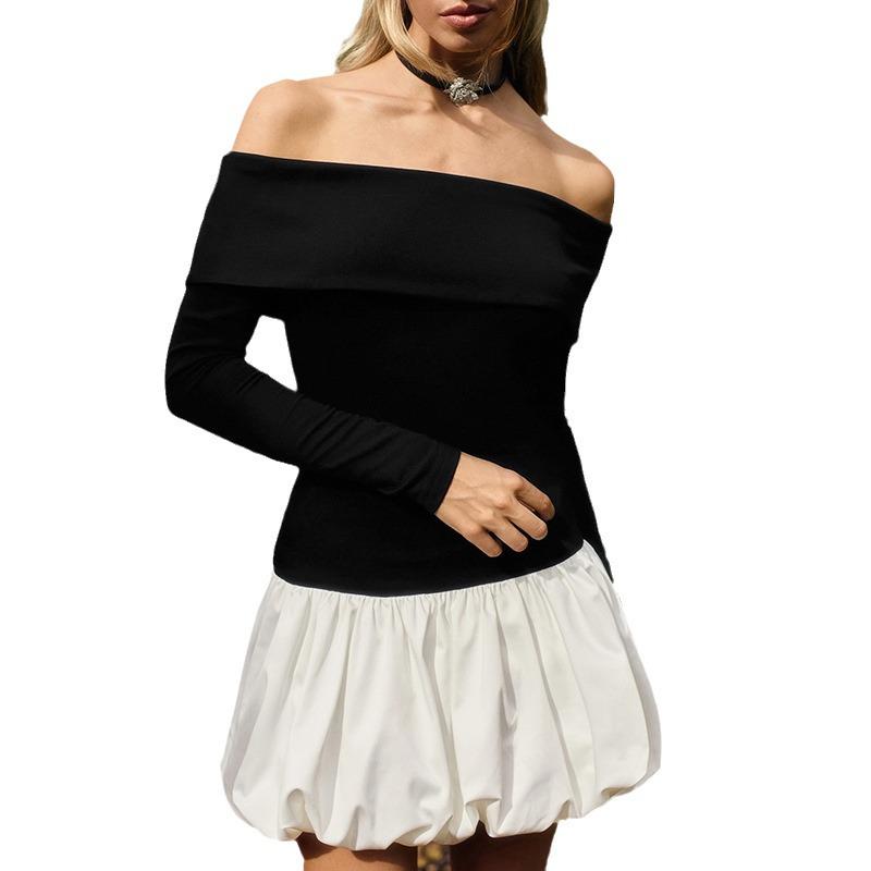 Европейское и американское сексуальное платье-баллон с открытыми плечами, черно-бежное лоскутное, приталенное - с длинным рукавом, коллекция осень/зима.