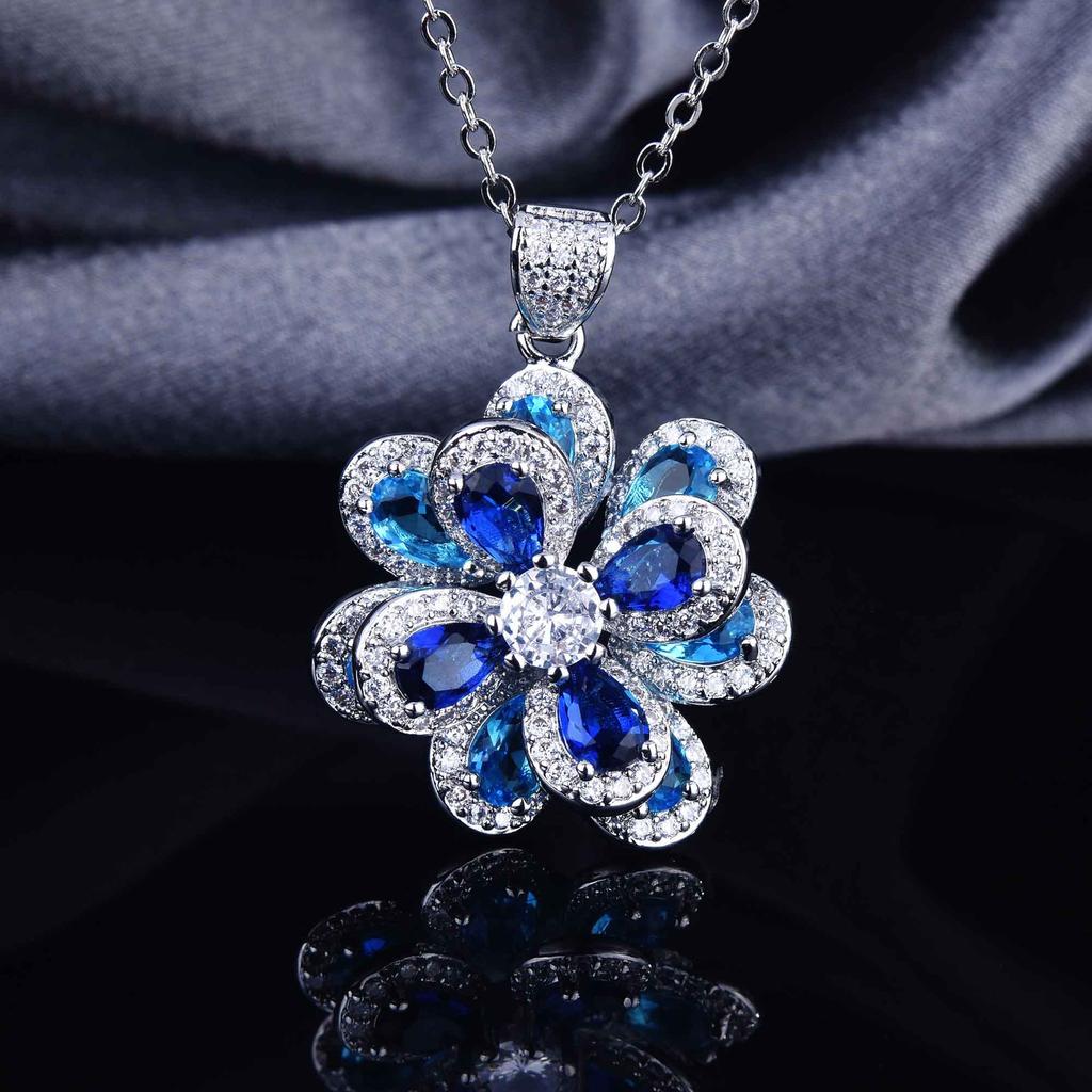 Temperament Color Zircon Flower Set, Needle Earrings, Simple Three-Dimensional Camellia Pendant, Open Ring.